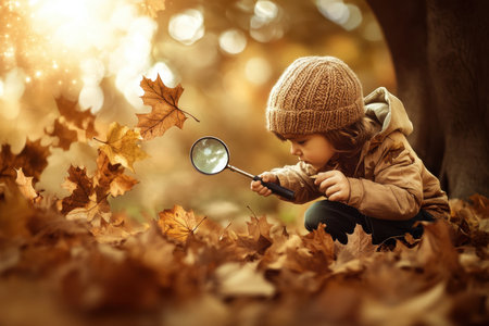 A young child examines colorful autumn leaves closely using a magnifying glass on a sunny day.の写真素材