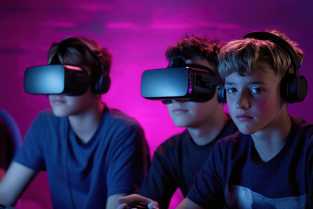 Three boys wearing VR headsets play an interactive game in a vibrant gaming environment.の写真素材