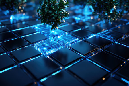 A digital environment features glowing tiles with a blue hue and lush greenery emerging from the surface.の写真素材