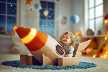 A young child is happily sitting in a cardboard rocket ship surrounded by star and moon decorations.の写真素材