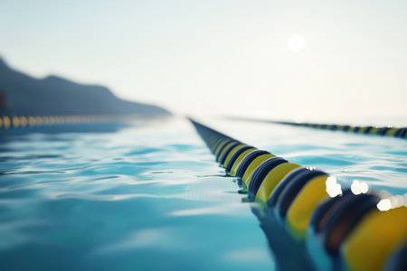 A serene swimming pool stretches out with lane markings, set against a backdrop of mountains on a sunny day.の写真素材