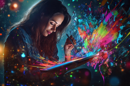 A woman focuses intently as she paints, surrounded by a burst of colorful splashes and creative energy.の写真素材