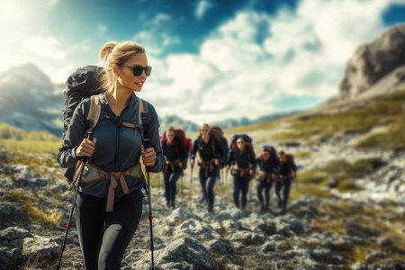 A group of hikers climbs a rocky trail in a mountainous area, enjoying their outdoor adventure.の写真素材
