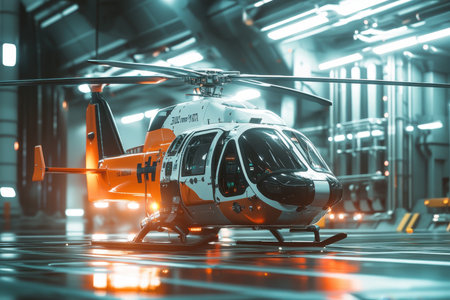 A helicopter sits ready in a sleek hangar, illuminated by bright lights, indicating an impending takeoff.の写真素材