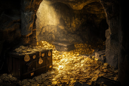 A hidden treasure trove filled with gold coins lies in a shadowy cave, softly lit by an opening above.の写真素材