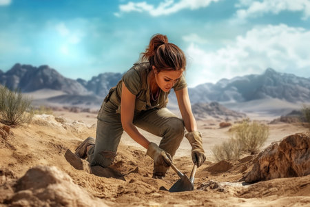 A woman crouches down, digging in sandy terrain under a bright blue sky, surrounded by mountains.の写真素材
