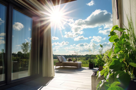 Sunlight streams onto a spacious deck adorned with plants, revealing a beautiful landscape beyond.の写真素材