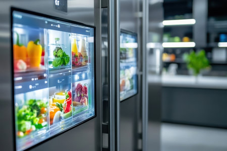 Smart refrigerators are showing food items and fresh produce in a contemporary kitchen setting.の写真素材