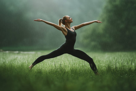 A woman performs a warrior yoga pose in a lush green forest with soft sunlight filtering through.の写真素材