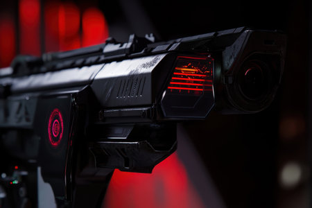 A sleek, futuristic gun is showcased against a dark backdrop, illuminated by red lights, emphasizing its design.の写真素材