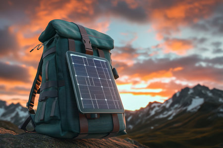 A backpack equipped with a solar panel sits on rocks against a stunning sunset over the mountains.の写真素材