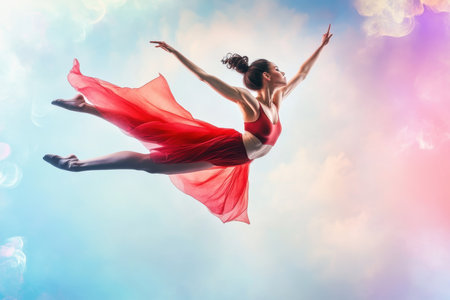 A dancer in a vibrant red outfit performs an elegant jump amid a dreamy, colorful sky, showcasing artistry and motion.の写真素材