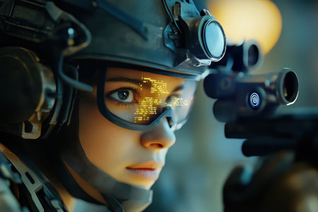 A skilled female soldier is focused while aiming her weapon, showing advanced technology in a training environment.の写真素材