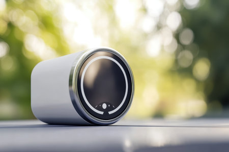Compact speaker placed on a wooden surface, surrounded by a blurred green landscape and bright sky.の写真素材
