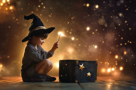 A child wearing a wizard hat sits next to a magical box, casting spells with a wand amidst sparkling lights.の写真素材