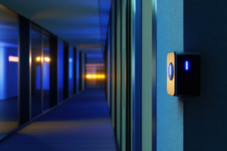 A stylish doorbell stands on a wall next to a dimly lit corridor featuring vibrant blue and yellow lights.の写真素材