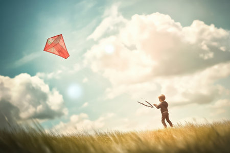 A child happily controls a red kite as it soars high above in a grassy field on a sunny afternoon.の写真素材