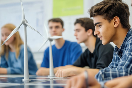 Teenagers collaborate on a renewable energy project, focusing on wind power with model turbines.の写真素材