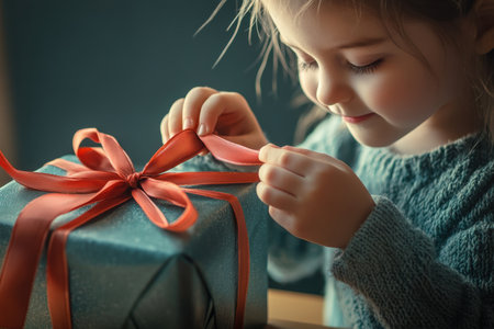 A delighted girl removes a ribbon from a beautifully wrapped present, beaming with anticipation into a warm room.の写真素材