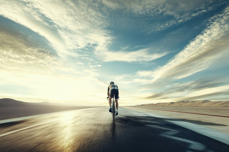A cyclist navigates a wet road as the sun sets, surrounded by expansive skies and distant hills.の写真素材