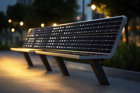A sleek solar-powered bench glows softly, surrounded by greenery and city lights at dusk.の写真素材