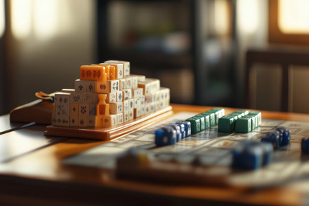 Friends gather around a table to enjoy a game of mahjong, immersed in a lively atmosphere with natural light.の写真素材