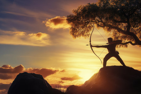 Archer stands on a rock, drawing a bow against a stunning sunset backdrop, highlighting focus and determination.の写真素材