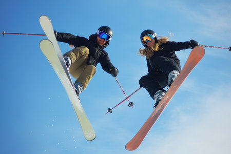 Two skiers execute stylish jumps above a snowy slope under a bright blue sky, showcasing their skills.の写真素材