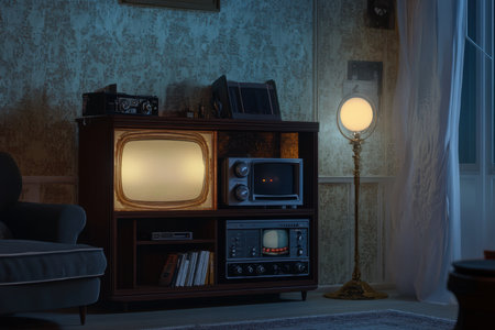 Soft lighting illuminates a cozy vintage living room featuring retro televisions and a decorative lamp.の写真素材