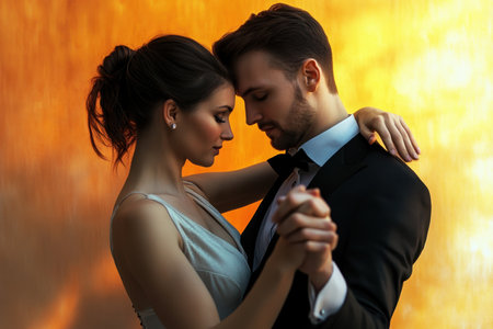 A couple in formal wear shares an intimate dance, reflecting deep emotion amid a vibrant orange background.の写真素材