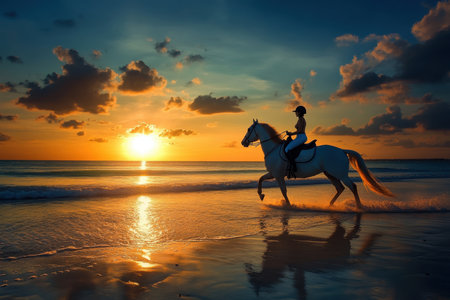 A person rides a white horse along the wet sand as the sun sets, creating stunning reflections in the water.の素材