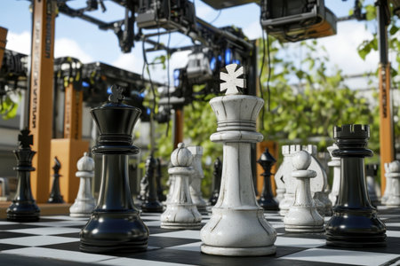 A large outdoor chessboard showcases a match with black and white pieces under a blue sky.の写真素材