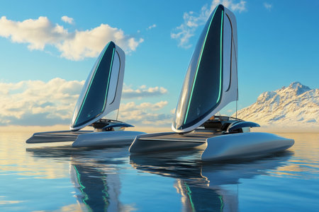 Two sleek catamarans glide across calm waters with distant mountains in the background.の写真素材