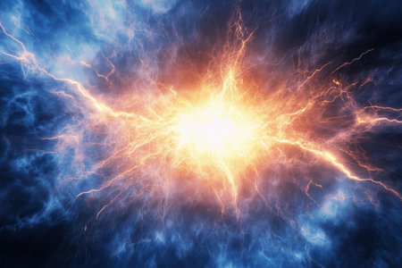 A burst of bright light and energy radiates amid swirling clouds of blue and orange hues in space.の写真素材