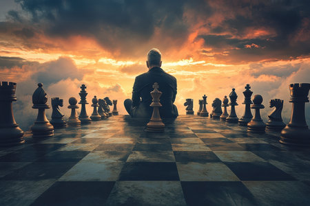 A figure sits in deep thought on a chessboard at sunset, surrounded by towering chess pieces against a vibrant sky.の写真素材