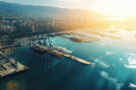A breathtaking harbor view captures boats and cranes under a warm sunset sky in a lively port area.の写真素材