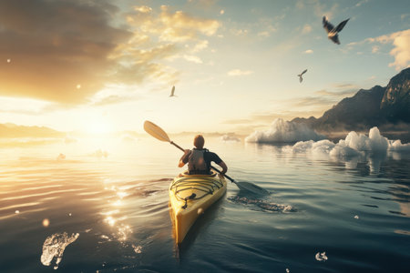 A person in a yellow kayak navigates tranquil waters under a colorful sunset with birds flying above.の写真素材