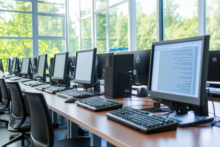 Multiple computer stations set up in a bright room, featuring large windows and views of trees outside.の写真素材