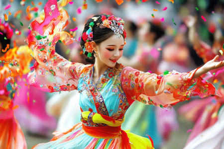 A skilled dancer adorned in bright traditional clothing gracefully performs amidst a lively festival atmosphere.の写真素材