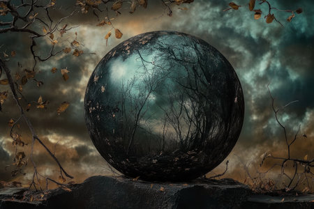 A large reflective sphere captures the eerie landscape of a dark forest under a cloudy sky.の写真素材