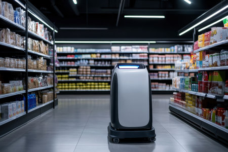 A customer service robot moves between shelves filled with grocery products in a large store.の写真素材