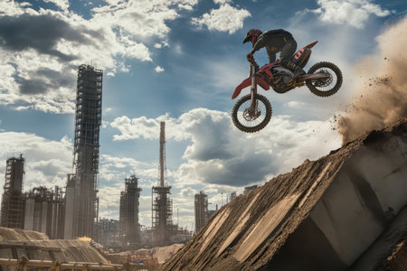 A motocross rider catches air above a dirt mound amidst an industrial setting with tall structures under a dramatic sky.の写真素材