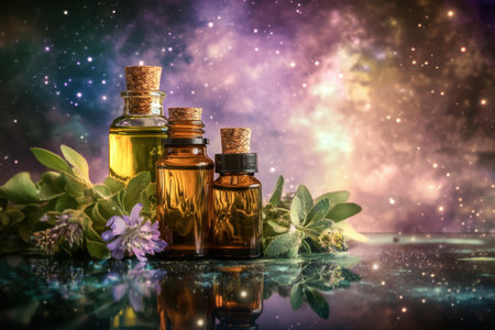 Three glass bottles of essential oils sit among fresh herbs, illuminated by a vibrant cosmic backdrop.の写真素材