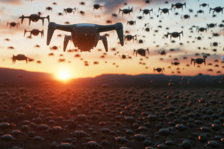 A multitude of drones hover in the sky during sunset, capturing the beauty of a technology-laden landscape.の写真素材