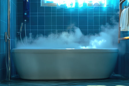 A relaxing atmosphere is created by steam rising from a filled bathtub in a calming blue bathroom.の写真素材