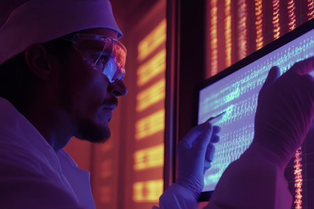 A researcher in protective gear examines complex data displayed on a screen in a laboratory setting.の写真素材