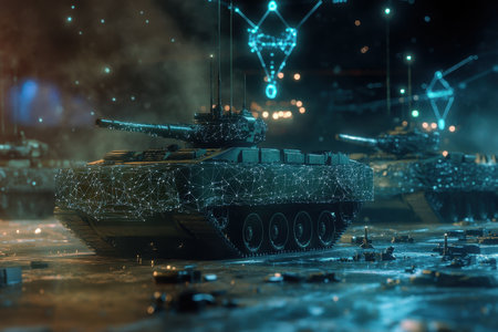 Advanced tanks equipped with digital technology navigate a simulated battlefield illuminated by glowing data points.の写真素材