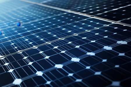 Numerous solar panels lined up, absorbing sunlight and generating clean energy in an eco-friendly facility.の写真素材