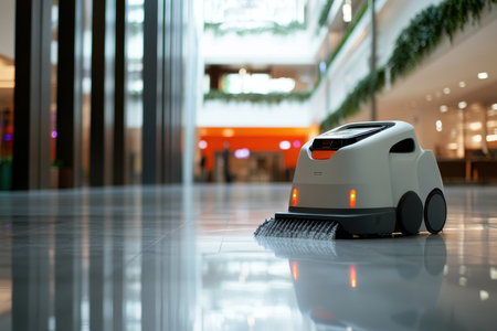 A cleaning robot moves across a shiny floor in a contemporary indoor area filled with natural light.の写真素材