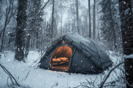 A warm tent glows in the snowy wilderness, nestled among tall trees during a winter evening.の写真素材